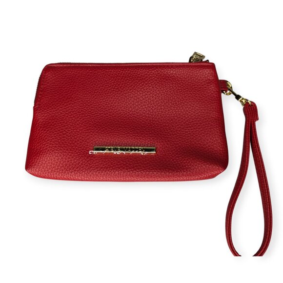 Steve Madden Red Faux Leather Gold Tone Accents 2 Zip Wristlet Wallet 8" x 5" - Picture 1 of 13